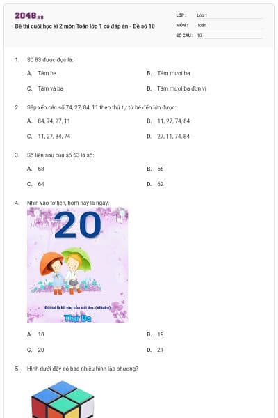 Đề thi cuối học kì 2 môn Toán lớp 1 có đáp án - Đề số 10