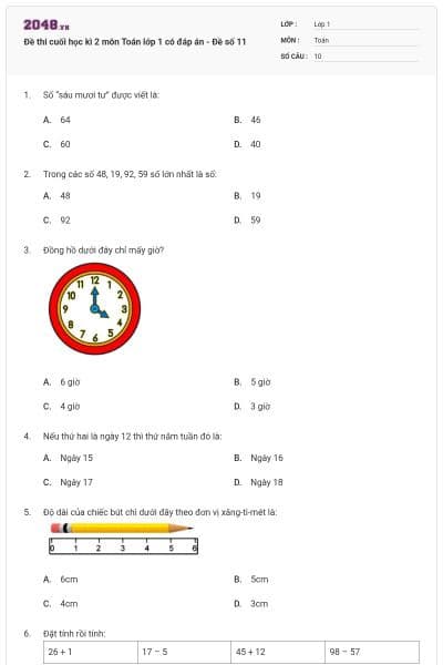 Đề thi cuối học kì 2 môn Toán lớp 1 có đáp án - Đề số 11