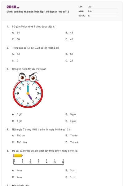 Đề thi cuối học kì 2 môn Toán lớp 1 có đáp án - Đề số 12