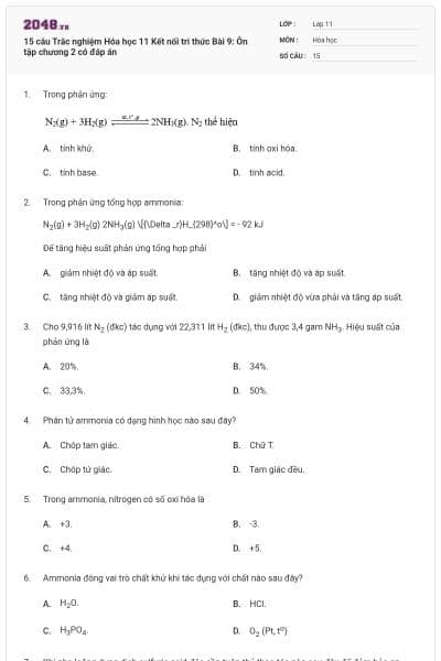 15 câu Trắc nghiệm Hóa học 11 Kết nối tri thức Bài 9: Ôn tập chương 2 có đáp án