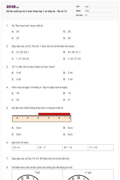 Đề thi cuối học kì 2 môn Toán lớp 1 có đáp án - Đề số 13