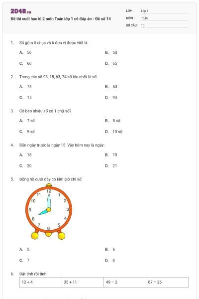Đề thi cuối học kì 2 môn Toán lớp 1 có đáp án - Đề số 14