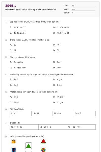 Đề thi cuối học kì 2 môn Toán lớp 1 có đáp án - Đề số 15