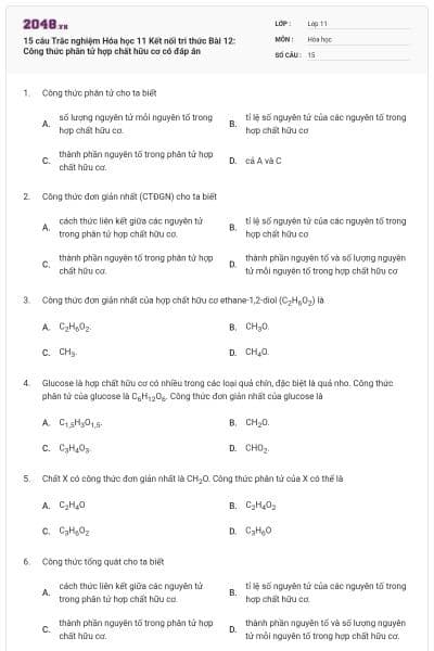 15 câu Trắc nghiệm Hóa học 11 Kết nối tri thức Bài 12: Công thức phân tử hợp chất hữu cơ có đáp án