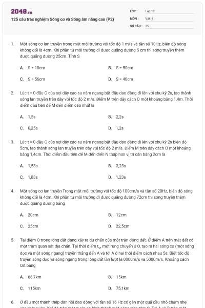 125 câu trắc nghiệm Sóng cơ và Sóng âm nâng cao (P2)