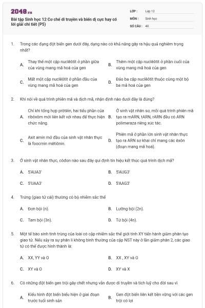 Bài tập Sinh học 12 Cơ chế di truyền và biến dị cực hay có lời giải chi tiết (P5)