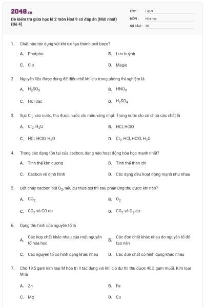 Đề kiểm tra giữa học kì 2 môn Hoá 9 có đáp án (Mới nhất) (Đề 4)