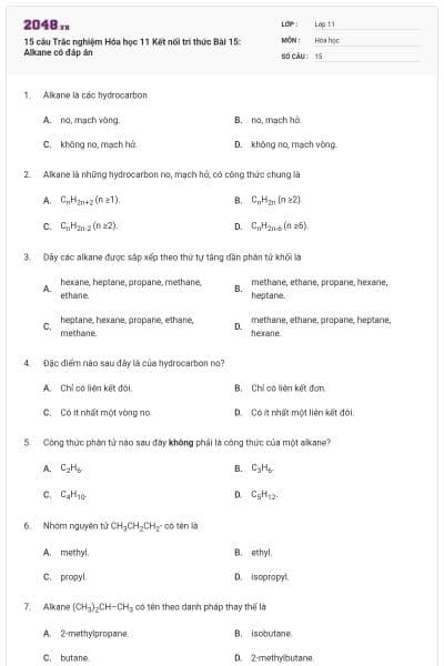 15 câu Trắc nghiệm Hóa học 11 Kết nối tri thức Bài 15: Alkane có đáp án