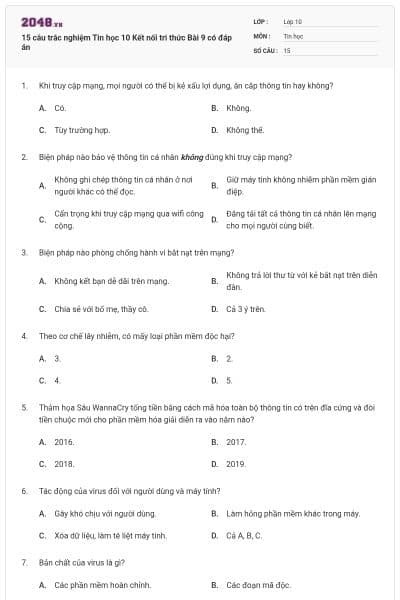 15 câu trắc nghiệm Tin học 10 Kết nối tri thức Bài 9 có đáp án
