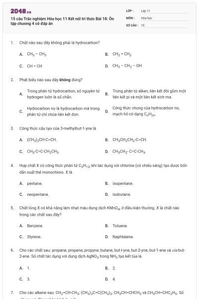 15 câu Trắc nghiệm Hóa học 11 Kết nối tri thức Bài 18: Ôn tập chương 4 có đáp án