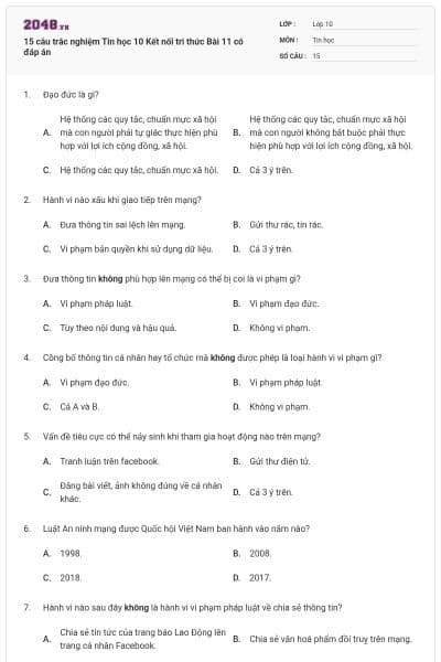 15 câu trắc nghiệm Tin học 10 Kết nối tri thức Bài 11 có đáp án
