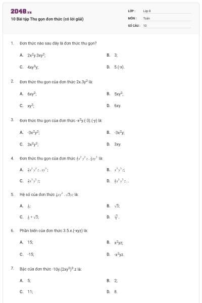 10 Bài tập Thu gọn đơn thức (có lời giải)