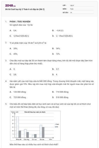 Đề thi Cuối học kỳ 2 Toán 6 có đáp án (Đề 2)