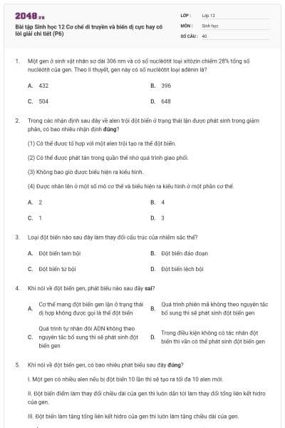 Bài tập Sinh học 12 Cơ chế di truyền và biến dị cực hay có lời giải chi tiết (P6)