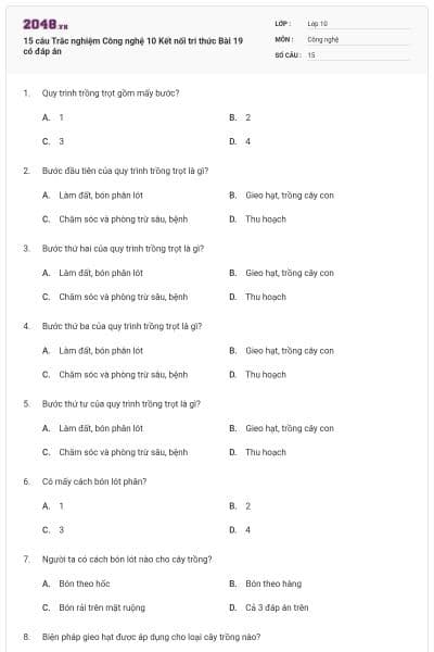 15 câu Trắc nghiệm Công nghệ 10 Kết nối tri thức Bài 19 có đáp án