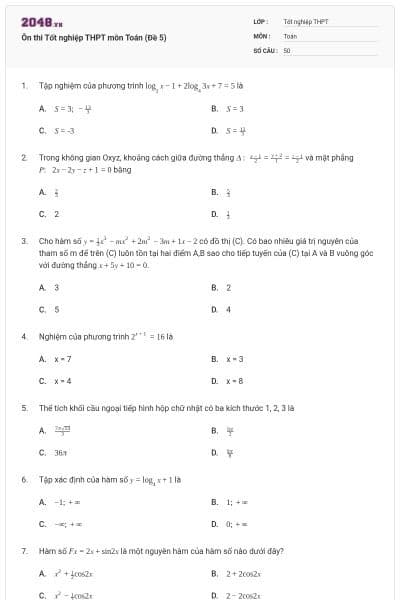 Ôn thi Tốt nghiệp THPT môn Toán (Đề 5)