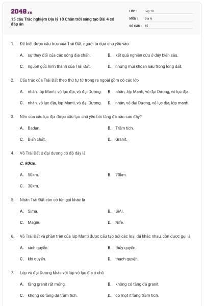 15 câu Trắc nghiệm Địa lý 10 Chân trời sáng tạo Bài 4 có đáp án