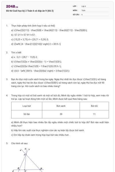 Đề thi Cuối học kỳ 2 Toán 6 có đáp án 9 (Đề 3)