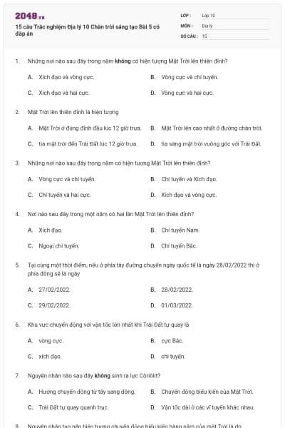 15 câu Trắc nghiệm Địa lý 10 Chân trời sáng tạo Bài 5 có đáp án