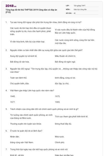 Tổng hợp đề thi thử THPTQG 2019 Công dân có đáp án (P10)