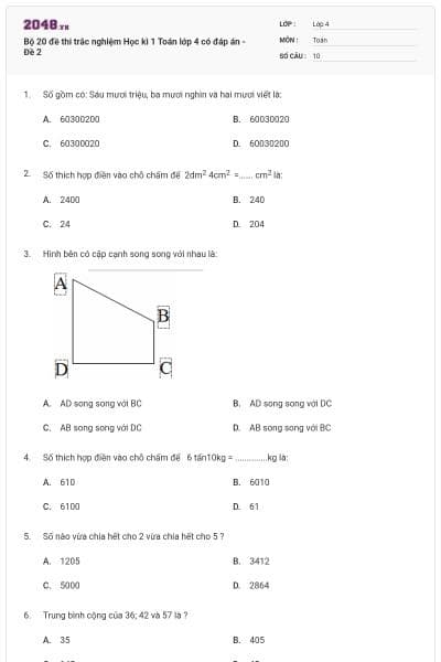 Bộ 20 đề thi trắc nghiệm Học kì 1 Toán lớp 4 có đáp án - Đề 2