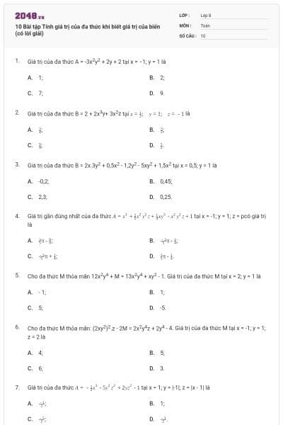 10 Bài tập Tính giá trị của đa thức khi biết giá trị của biến (có lời giải)