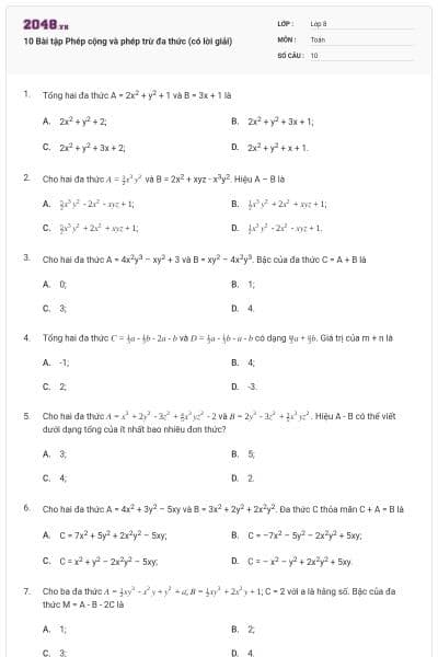10 Bài tập Phép cộng và phép trừ đa thức (có lời giải)