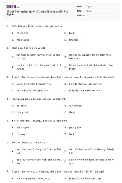15 câu Trắc nghiệm Địa lý 10 Chân trời sáng tạo Bài 7 có đáp án