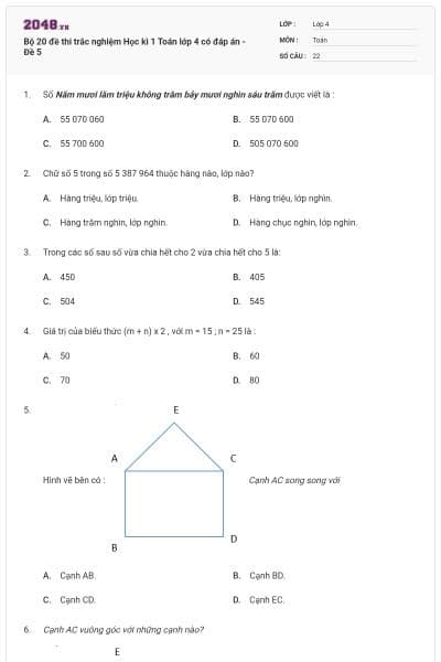 Bộ 20 đề thi trắc nghiệm Học kì 1 Toán lớp 4 có đáp án - Đề 5