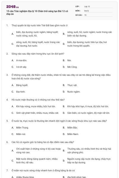 15 câu Trắc nghiệm Địa lý 10 Chân trời sáng tạo Bài 12 có đáp án