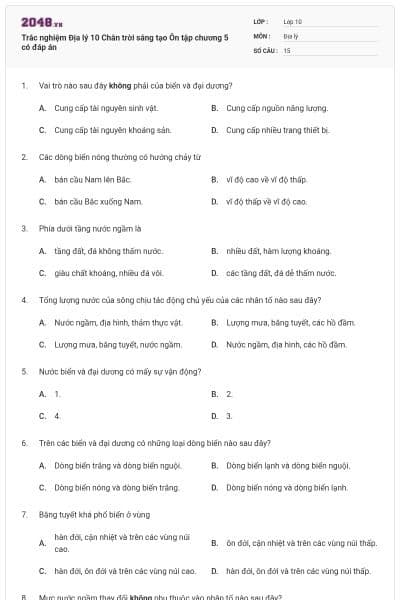 Trắc nghiệm Địa lý 10 Chân trời sáng tạo Ôn tập chương 5 có đáp án