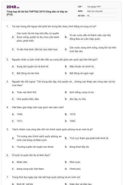 Tổng hợp đề thi thử THPTQG 2019 Công dân có đáp án (P10)