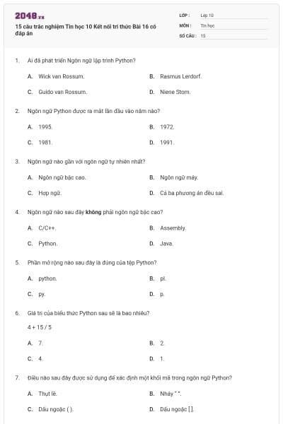 15 câu trắc nghiệm Tin học 10 Kết nối tri thức Bài 16 có đáp án