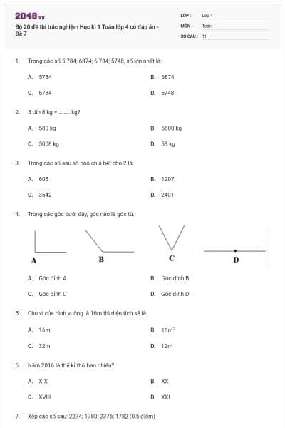 Bộ 20 đề thi trắc nghiệm Học kì 1 Toán lớp 4 có đáp án - Đề 7