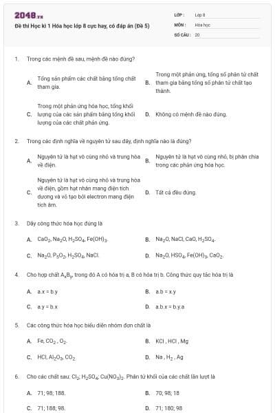 Đề thi Học kì 1 Hóa học lớp 8 cực hay, có đáp án (Đề 5)