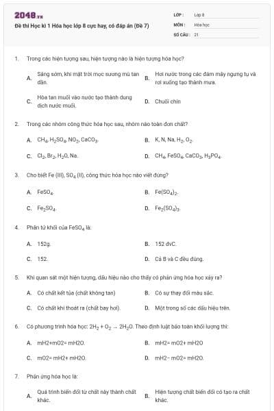 Đề thi Học kì 1 Hóa học lớp 8 cực hay, có đáp án (Đề 7)