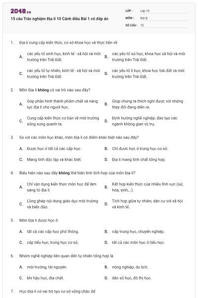 15 câu Trắc nghiệm Địa lí 10 Cánh diều Bài 1 có đáp án