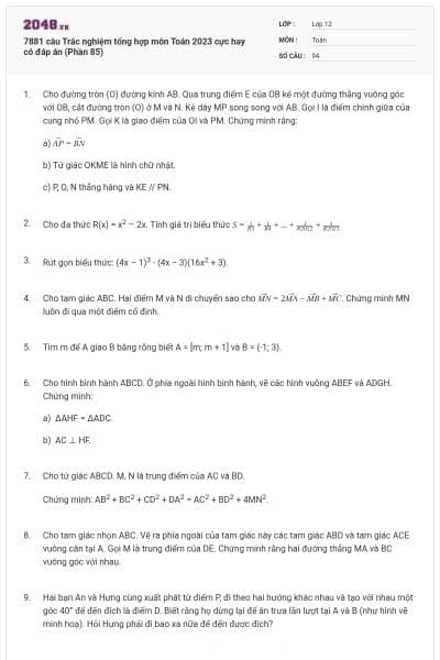 7881 câu  Trắc nghiệm tổng hợp môn Toán 2023 cực hay có đáp án (Phần 85)