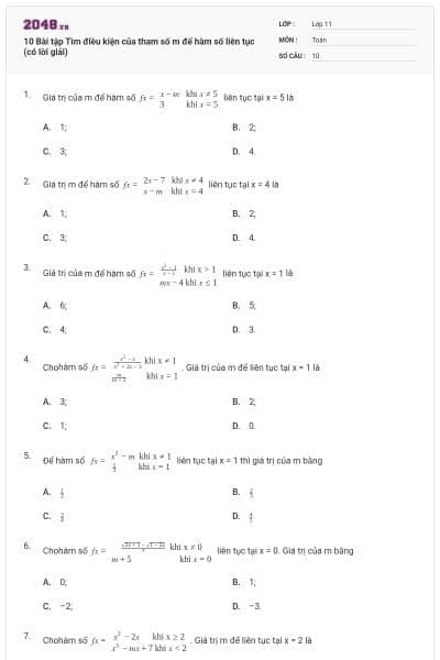 10 Bài tập Tìm điều kiện của tham số m để hàm số liên tục (có lời giải)