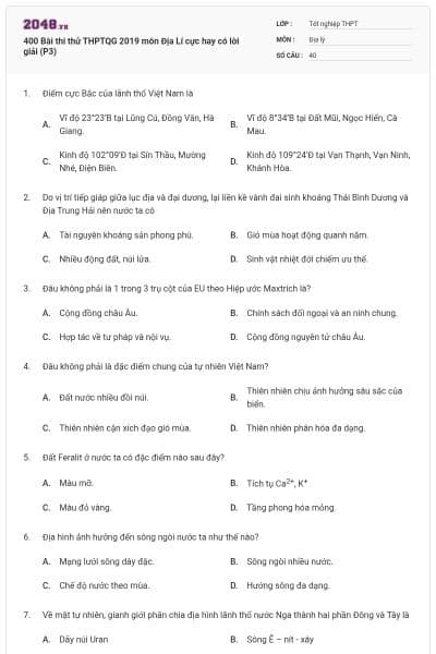 400 Bài thi thử THPTQG 2019 môn Địa Lí cực hay có lời giải (P3)