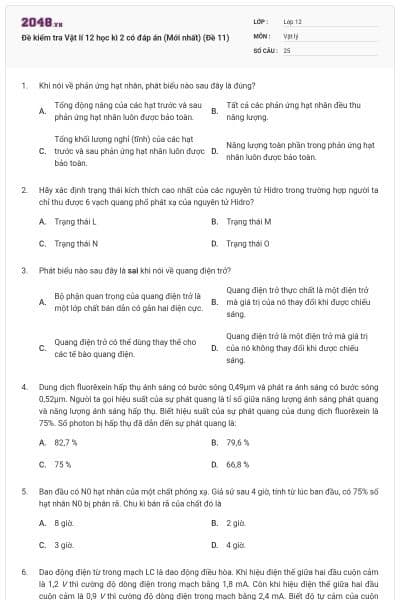 Đề kiểm tra Vật lí 12 học kì 2 có đáp án (Mới nhất) (Đề 11)