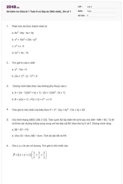 Đề kiểm tra Giữa kì 1 Toán 8 có đáp án (Mới nhất)_ Đề số 1