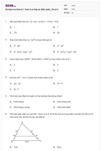 Đề kiểm tra Giữa kì 1 Toán 8 có đáp án (Mới nhất)_ Đề số 2