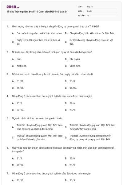 15 câu Trắc nghiệm Địa lí 10 Cánh diều Bài 4 có đáp án