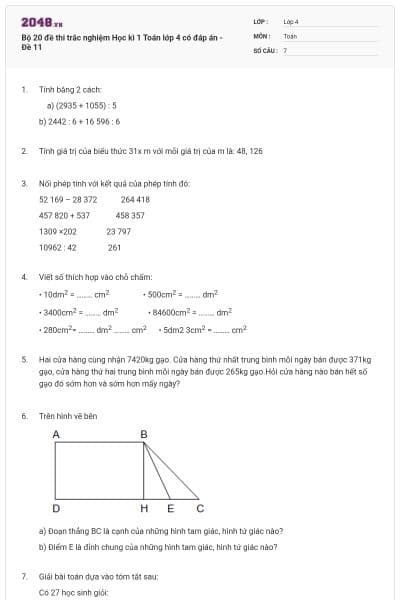Bộ 20 đề thi trắc nghiệm Học kì 1 Toán lớp 4 có đáp án - Đề 11