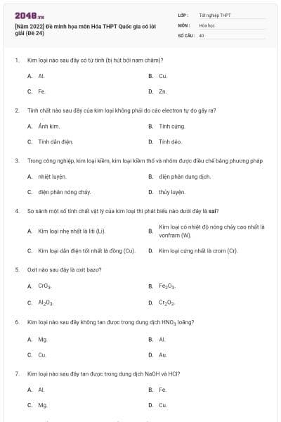 [Năm 2022] Đề minh họa môn Hóa THPT Quốc gia có lời giải (Đề 24)