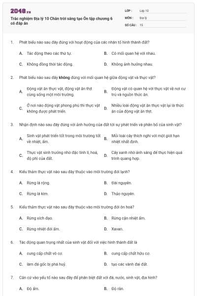 Trắc nghiệm Địa lý 10 Chân trời sáng tạo Ôn tập chương 6 có đáp án