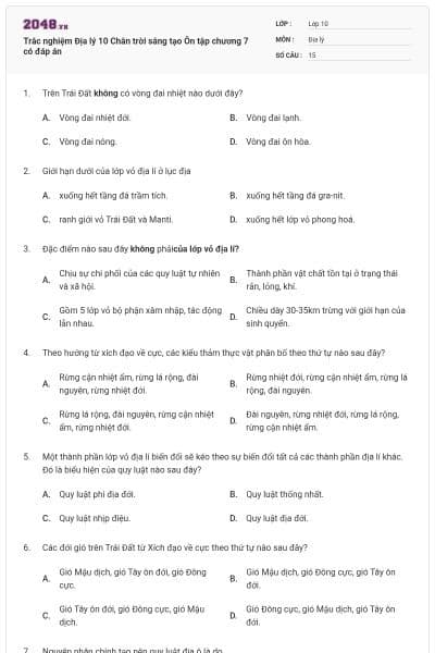 Trắc nghiệm Địa lý 10 Chân trời sáng tạo Ôn tập chương 7 có đáp án