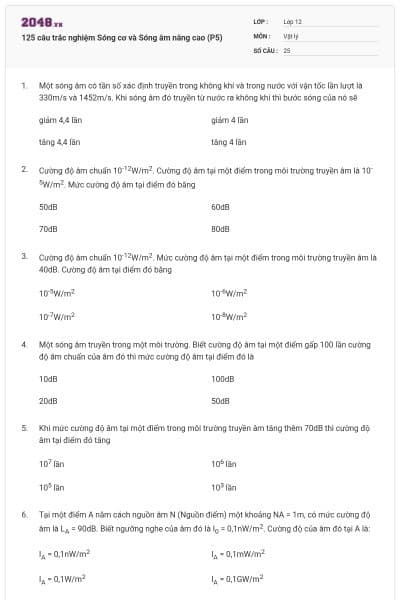 125 câu trắc nghiệm Sóng cơ và Sóng âm nâng cao (P5)
