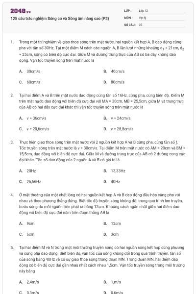 125 câu trắc nghiệm Sóng cơ và Sóng âm nâng cao (P3)